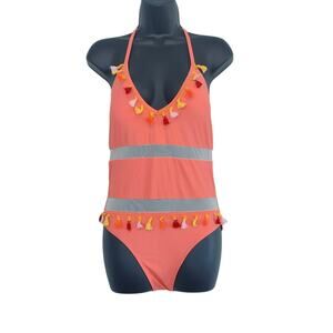 Pink peach Halter Top One piece Sheer Swimsuit tassles Women Size Small Med Larg